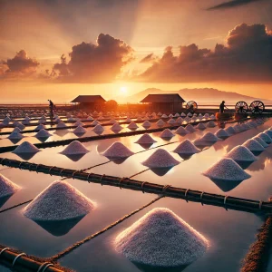 Pemandangan tambak garam di Madura dengan latar belakang matahari terbenam. Garam yang dipanen dari tambak ini diproses menjadi bahan baku berkualitas tinggi untuk berbagai industri, termasuk pembuatan sabun.